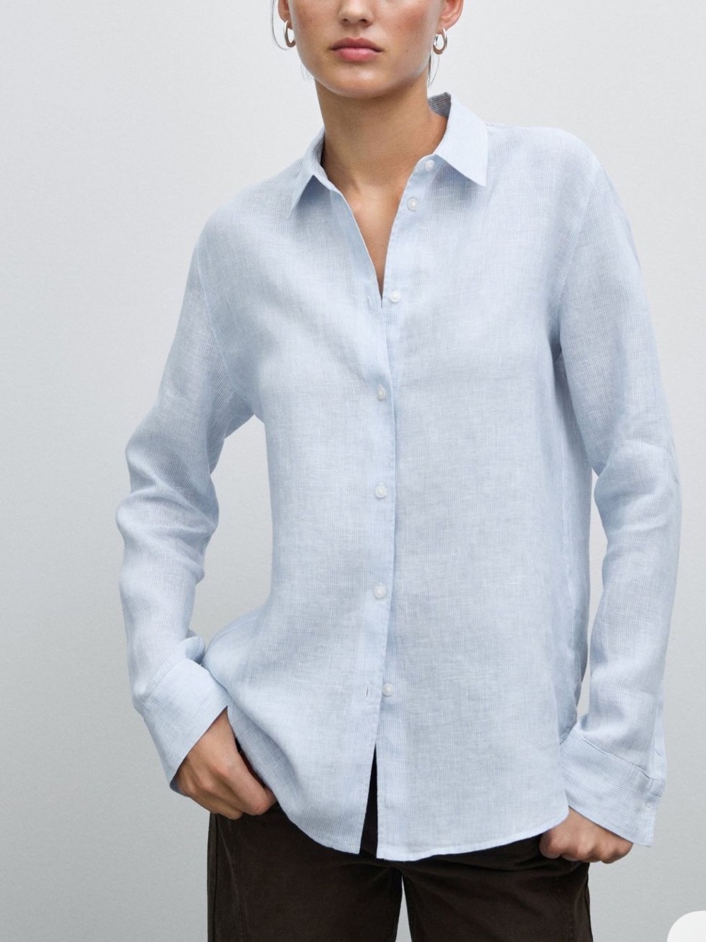 Massimo Dutti Light Blue Linen Button-Down Shirt